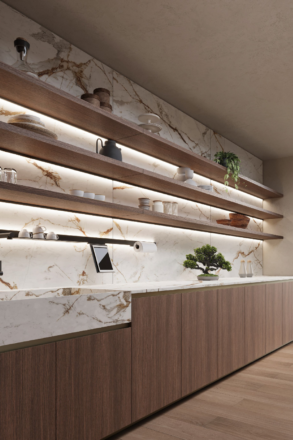 Cucina Zecchinon in stile Japandi con piano e parete in finitura effetto marmo, mensole in legno con illuminazione integrata e accessori minimalisti, tra cui un bonsai decorativo.