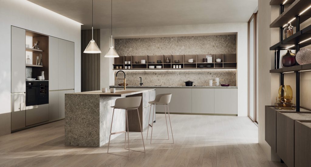 Cucina moderna con isola multifunzione e pensili a giorno, modello Isabel Zecchinon perfetta per ambienti open space con stile elegante e funzionale.